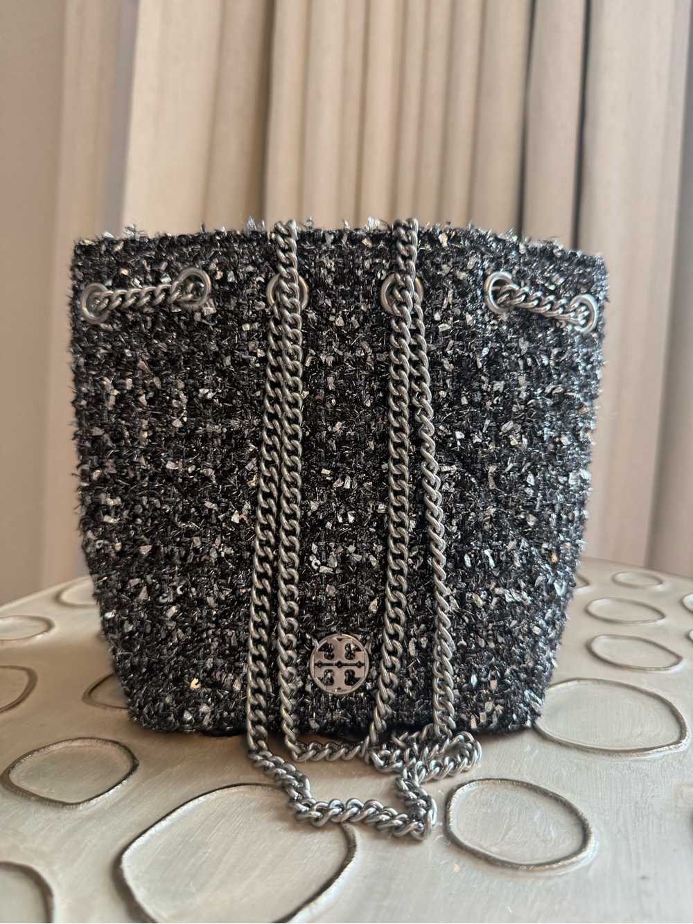 Tory Burch Black Tweed Chain-Handle Bucket Bag